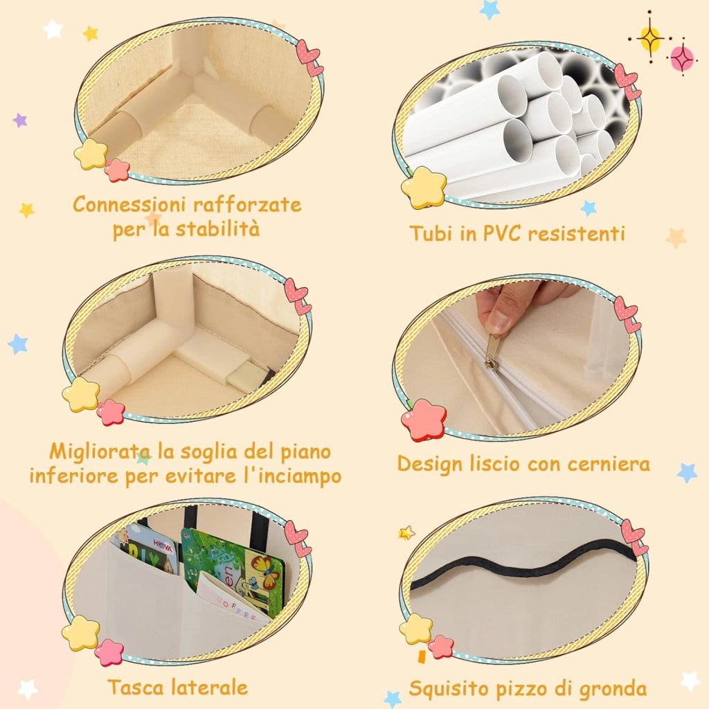 Tenda da Gioco per Bambini con Luci a Stella, Tappetino in Velluto Lavabile e Antiscivolo, Finestre e Tende a Rete, Ideale per Interni ed Esterni per Bambini 3 Anni + (Beige)
