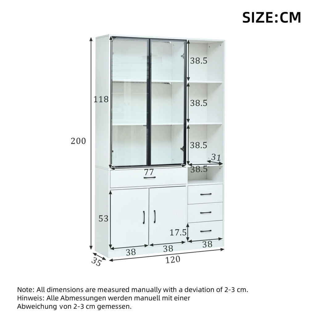 Vetrina con 2 ante in vetro; 4 cassetti e LED - per soggiorno - 120×35×200 cm - bianco