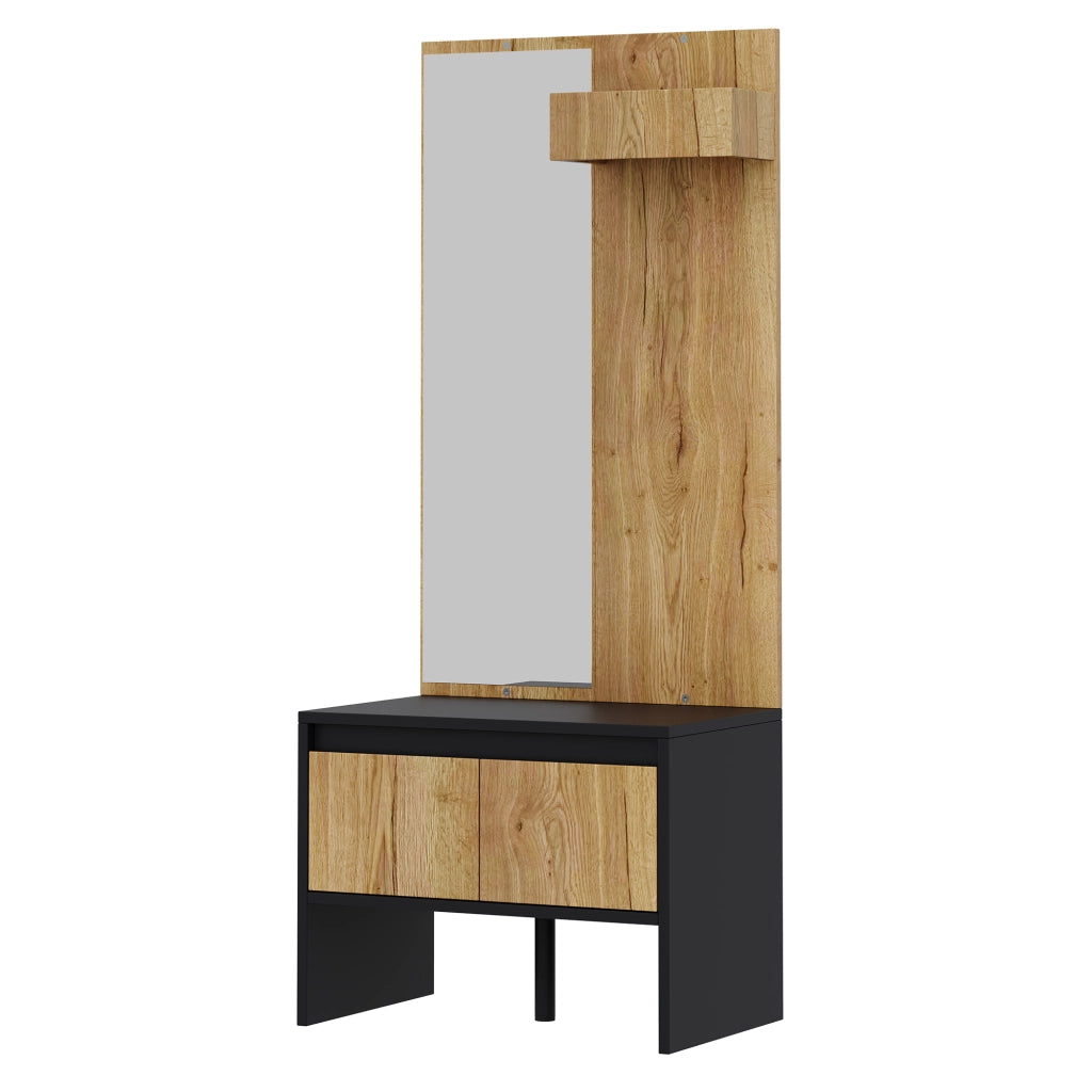 Set ingresso salvaspazio con appendiabiti, specchio, panca porta scarpe e 2 cassetti, colore naturale e nero, 60¡Á38¡Á145 cm