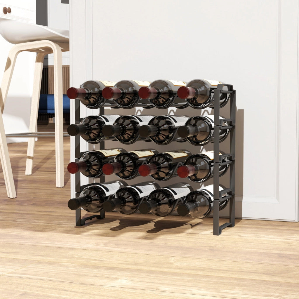 Portabottiglie a 4 Livelli a Onda 42.5x16,5x41 cm Impilabili per 16 Bottiglie in Metallo Nero