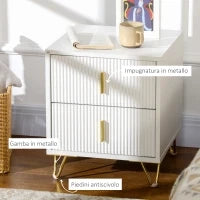 Comodino con 2 Cassetti in Legno con Maniglie e Gambe in Metallo, 40x40x47 cm, Bianco e Oro