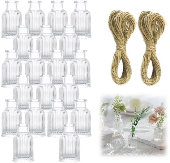 20 pezzi di vasi in vetro piccoli, set di vasi mini per decorazione di tavola, vasi decorativi con 20m di corda di juta, set di vasi decorativi per casa, matrimoni, compleanni, decorazione di tavola per matrimonio