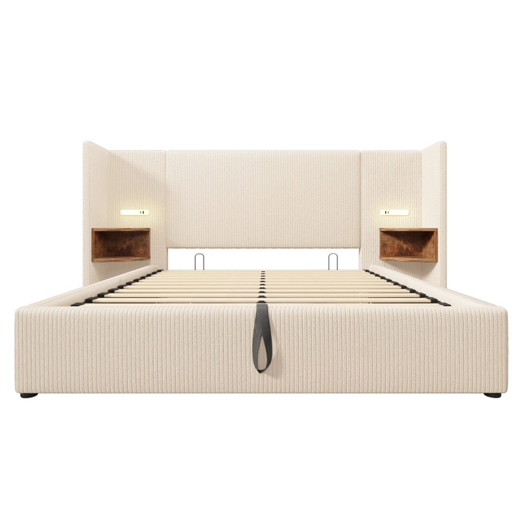 Letto matrimoniale 160x200 con contenitore, testiera con lampada da lettura, USB Type-C e struttura in metallo e legno