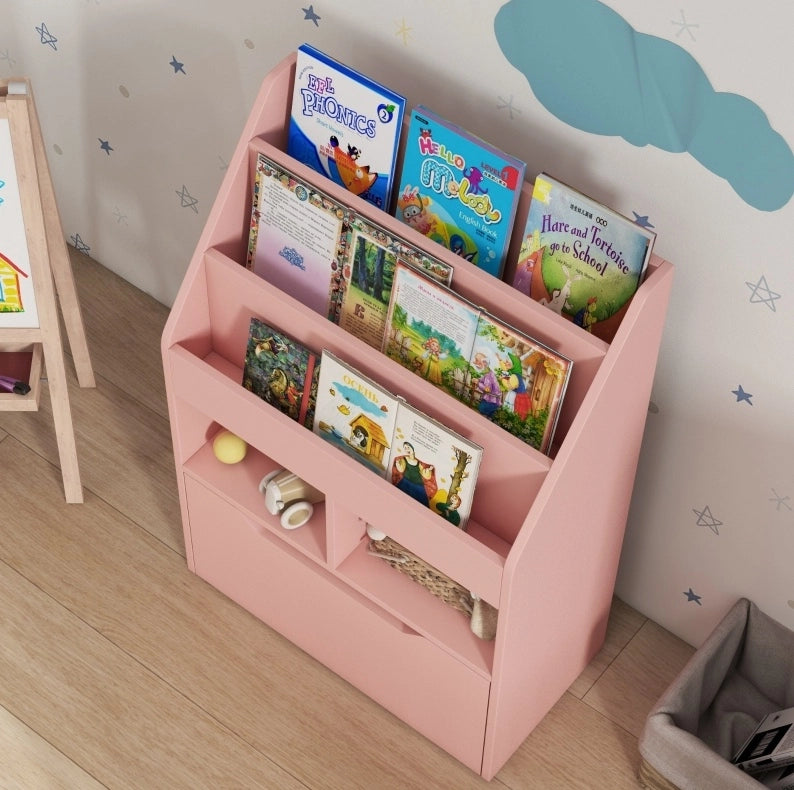 Libreria per bambini rosa con cassetto e ripiani 60 x 29,9 x 90 cm