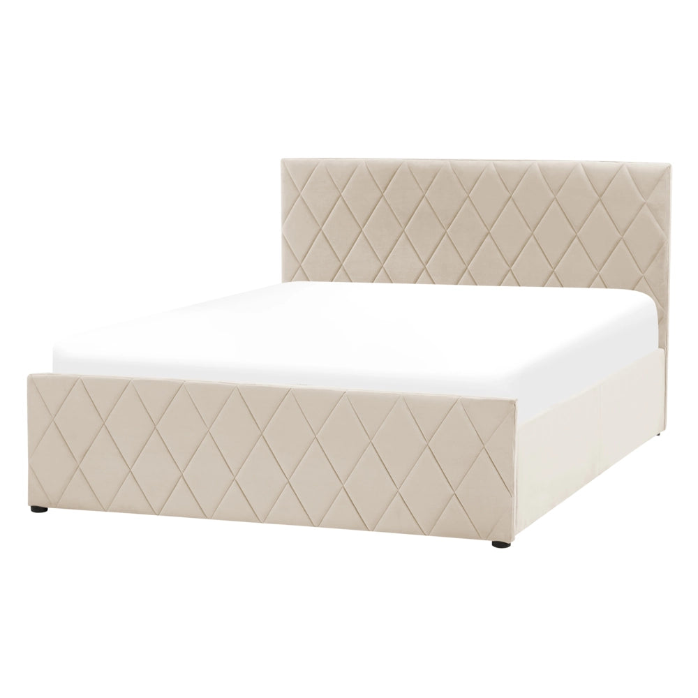 Letto contenitore Rivestimento in velluto beige 140 x 200 cm con testiera trapuntata a diamante con base a doghe