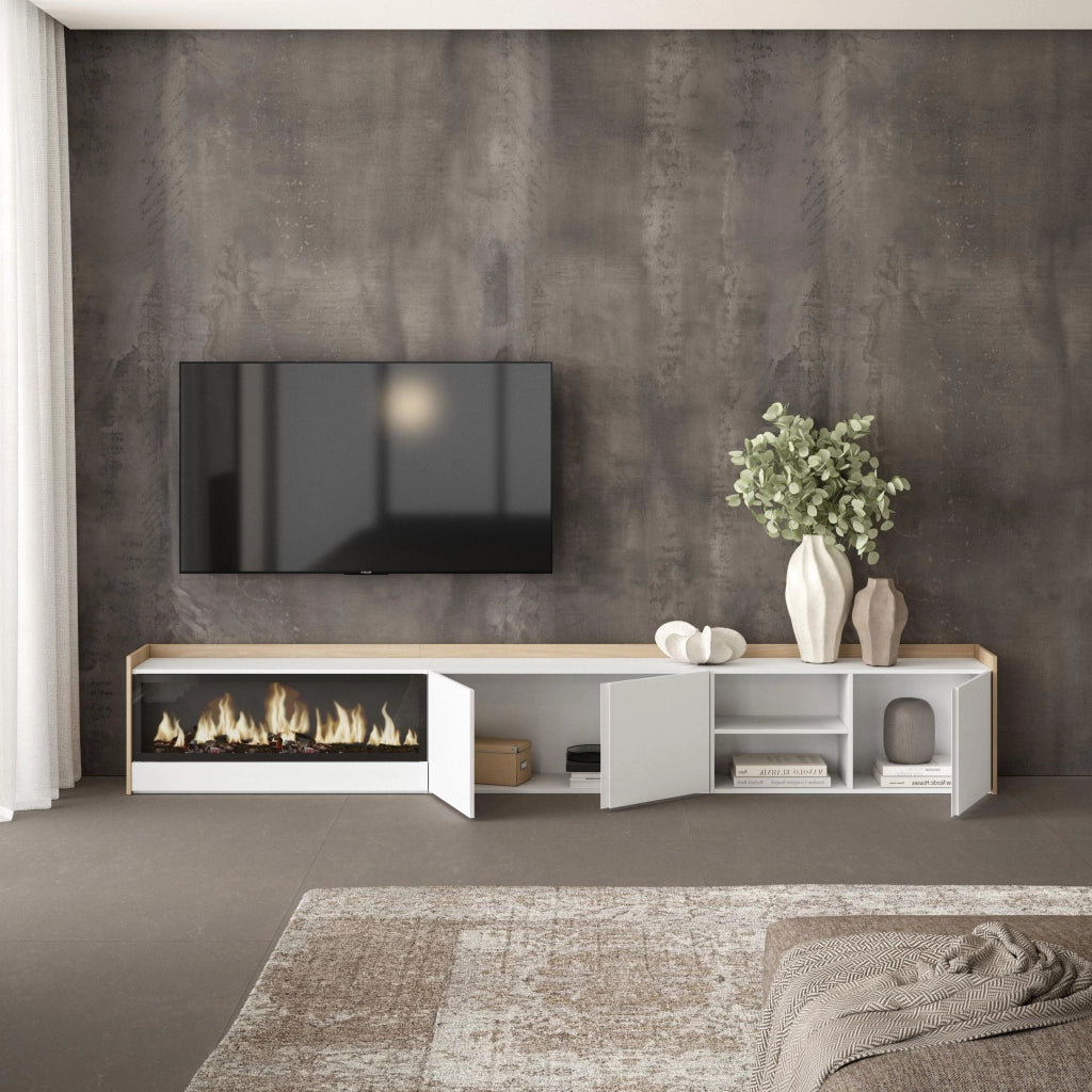 Mobile TV Soggiorno, 315x50x35 cm, Per TV fino a 80", Camino elettrico XXL, Bianco e Rovere soft