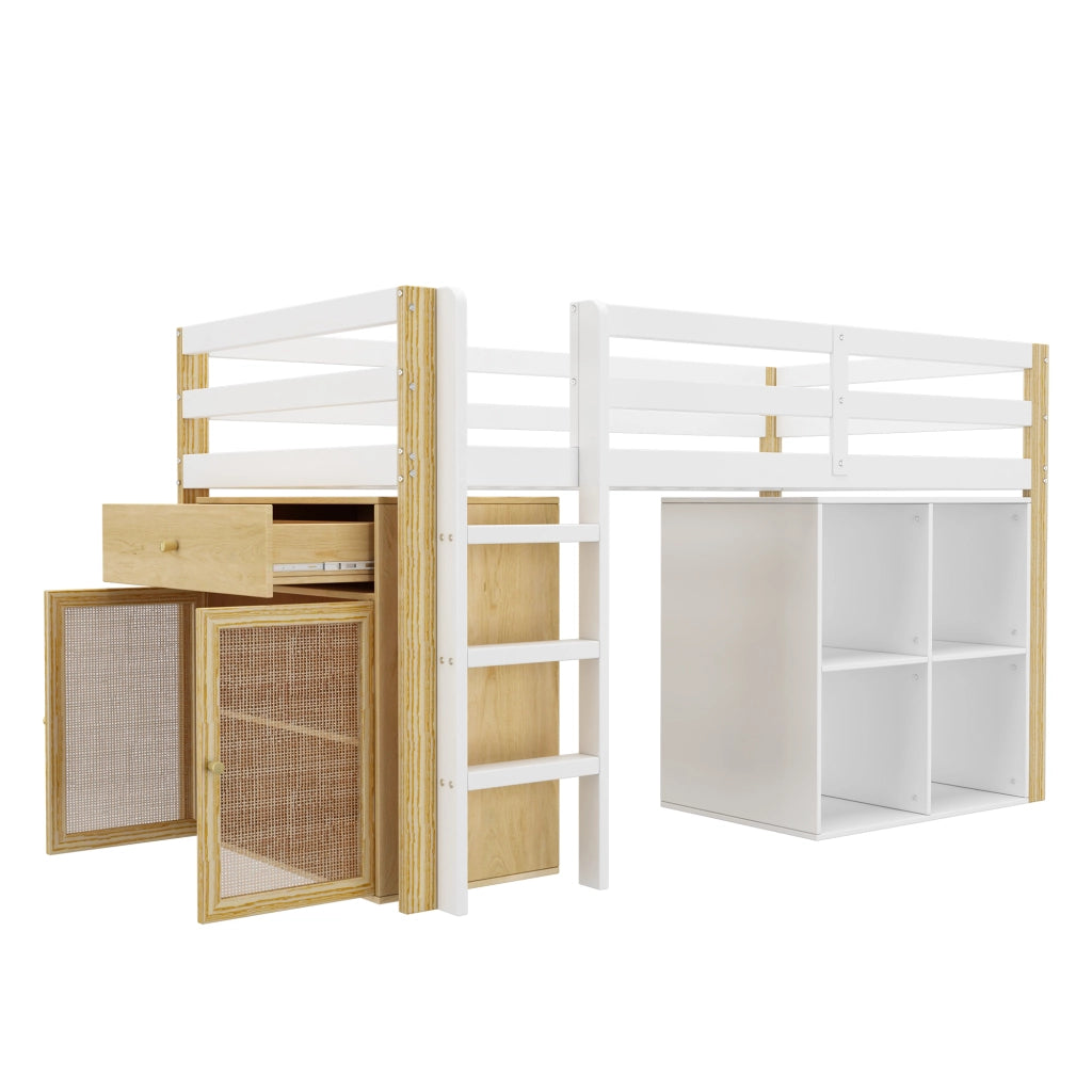 Letto a castello con scaletta 90x200 cm in legno massello bianco naturale