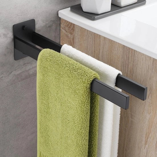 Supporto per asciugamano per attrezzi a doppio supporto in acciaio inossidabile 304 Supporto per asciugamano quadrato per attrezzi Supporto per asciugamano per parete per bagno a due braccia 38CM, Nero Matt