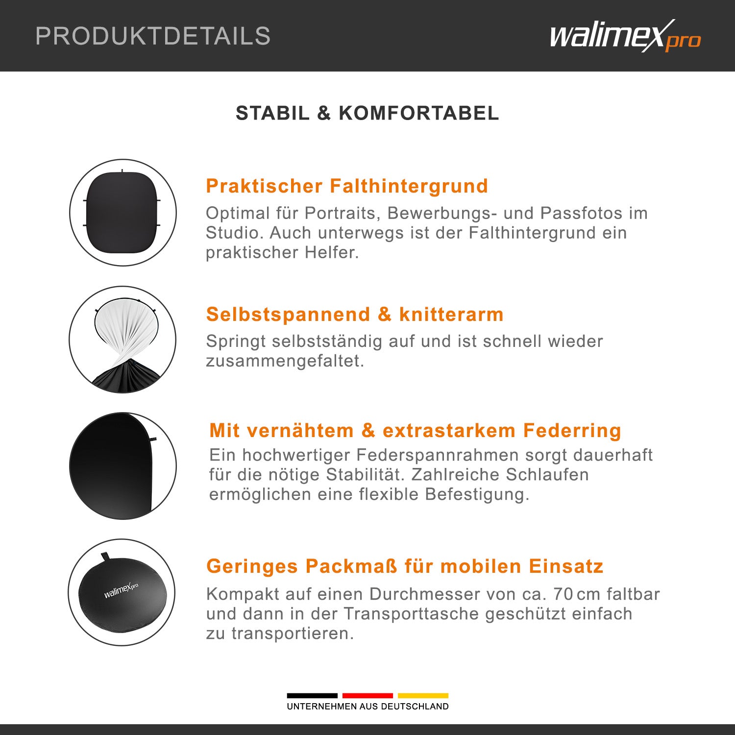 Fondale fotografico pieghevole 2in1 bianco/nero 200 x 230 cm, con anello elastico e borsa da trasporto, per studio fotografia