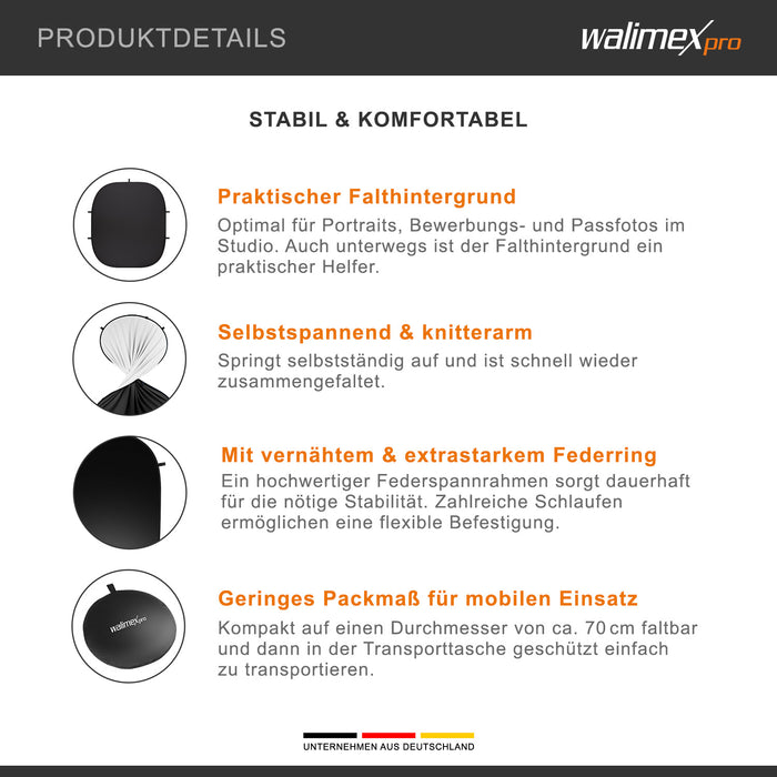 Fondale fotografico pieghevole 2in1 bianco/nero 200 x 230 cm, con anello elastico e borsa da trasporto, per studio fotografia