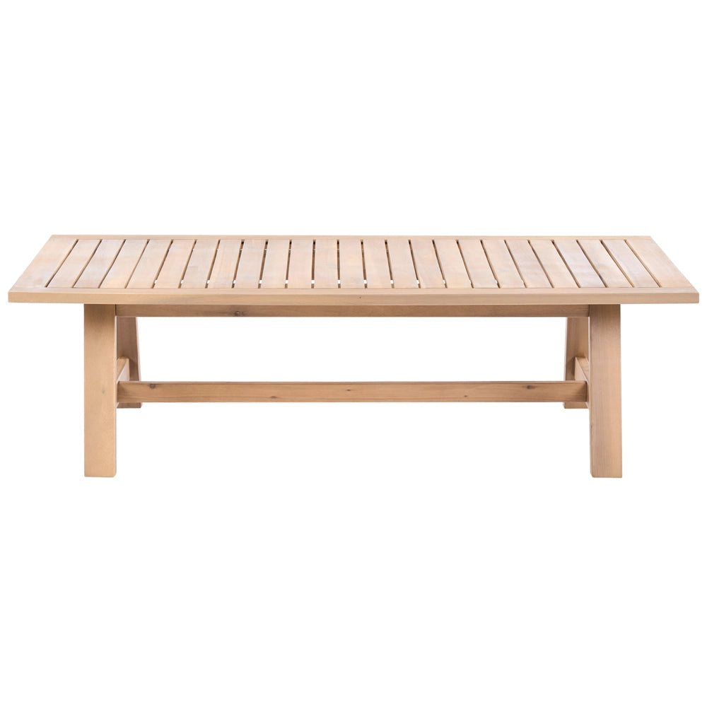 Tavolino da giardino in legno di acacia chiaro 128 x 69 cm, per esterni, design rustico, per terrazza o balcone