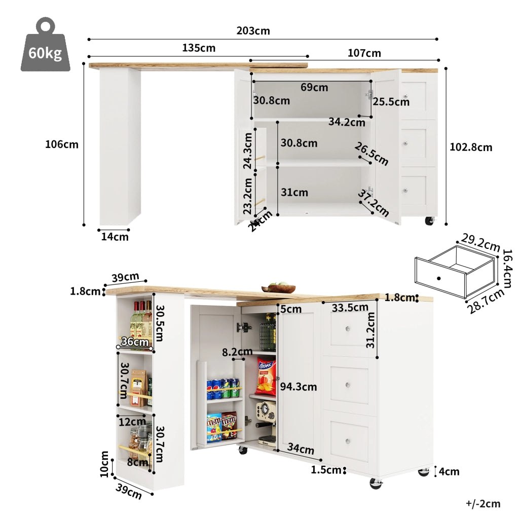 OKWISH Carrello da Cucina con 2 Ante e 3 Cassetti, 3 Ripiani, Rotazione a 360° e Ruote, MDF, Bianco