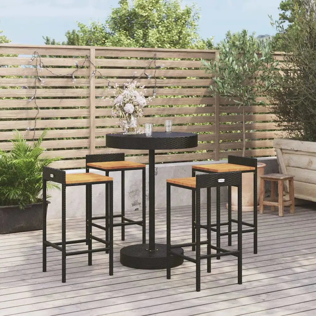 Set Bar Giardino 5 pz | Set Salotto da Giardino Nero Polyrattan e Legno Massello Acacia