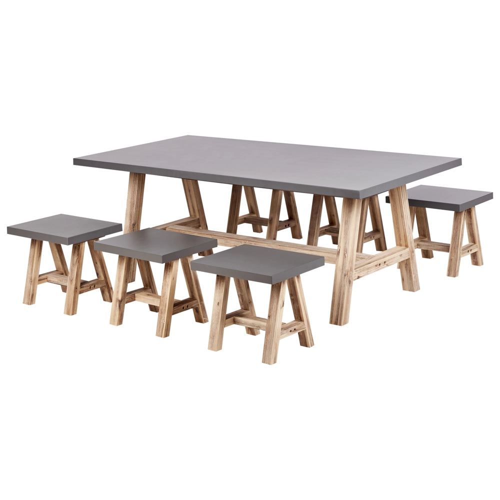 Set da pranzo da giardino tavolo da pranzo in fibra di cemento e legno d'acacia 6 sgabelli Grigio stile industriale