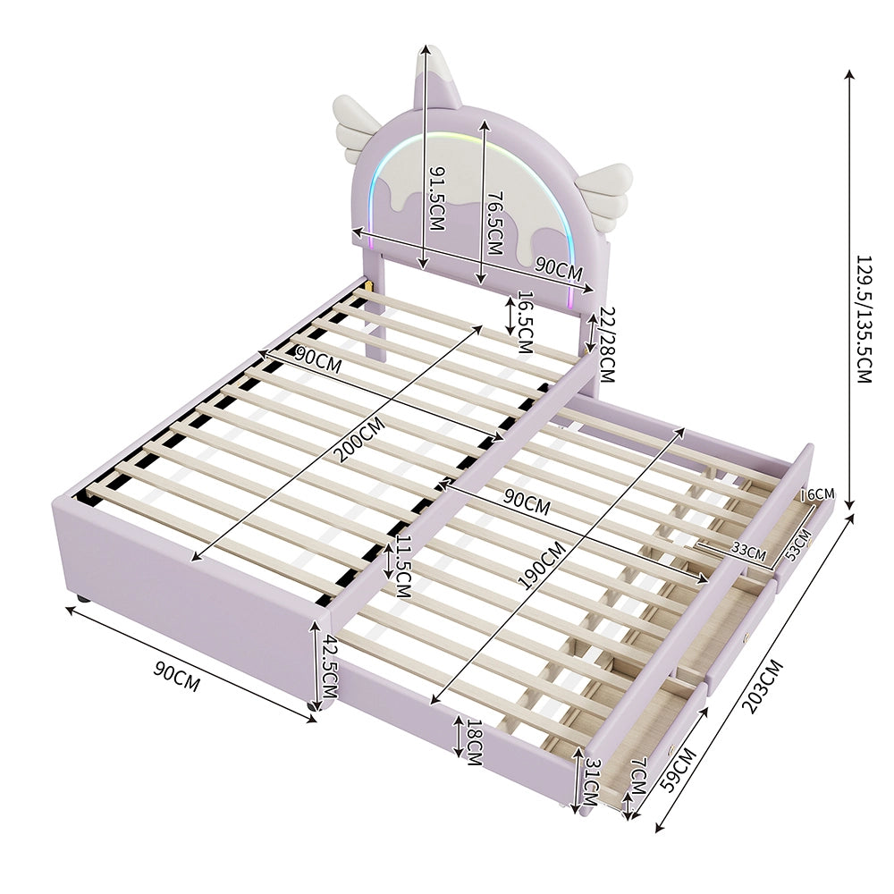 Letto con cassetti Letto Gigogne Letto bambini 90x200 cm a forma di unicorno dotato di letto a rotelle Gigogne Viola - Xylo