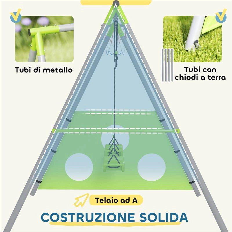 GIOCO PER BAMBINI 3 IN 1 CON ALTALENA DA GIARDINO CANESTRO E PORTA DA CALCIO 238X180X182 CM VERDE E GRIGIO