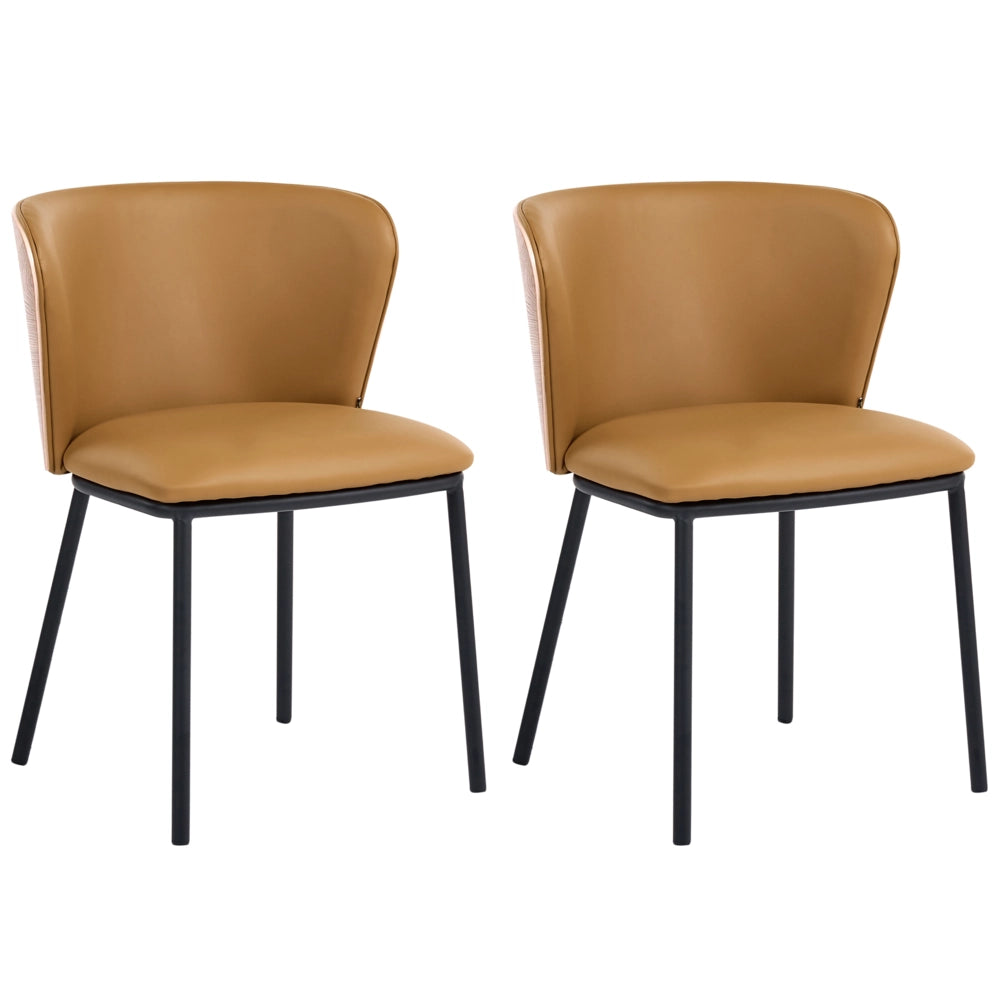 Set di 2 sedie da pranzo in ecopelle marrone con gambe in ferro nero senza braccioli con coprigambe design moderno minimalista sala da pranzo