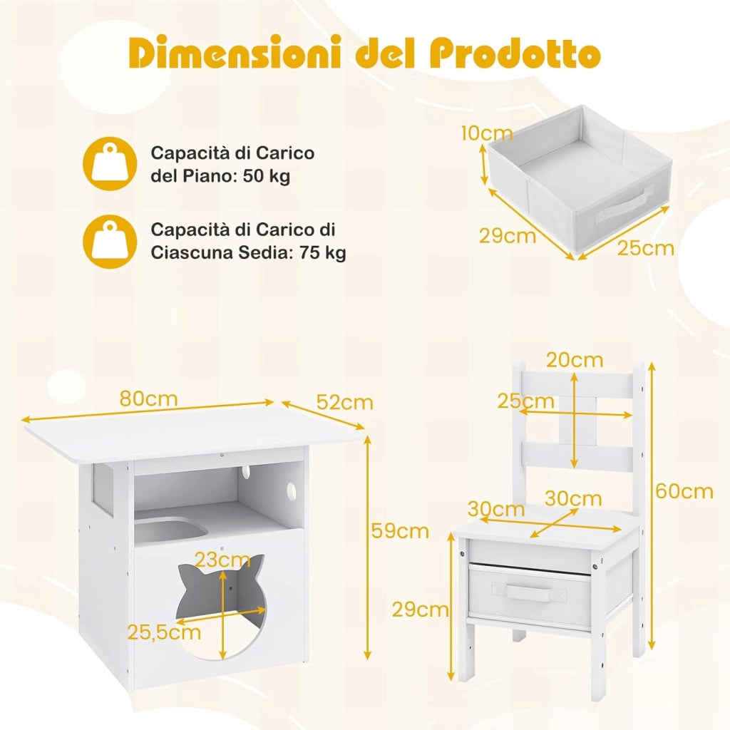 Tavole e Sedie per Bambini 3+ Anni, Tavolo in Legno con Casetta per Gatti, Buco per Gatti & Finestra Trasparente, 2 Sedie con Contenitori in Tessuto, Ideale per Disegnare e Studiare