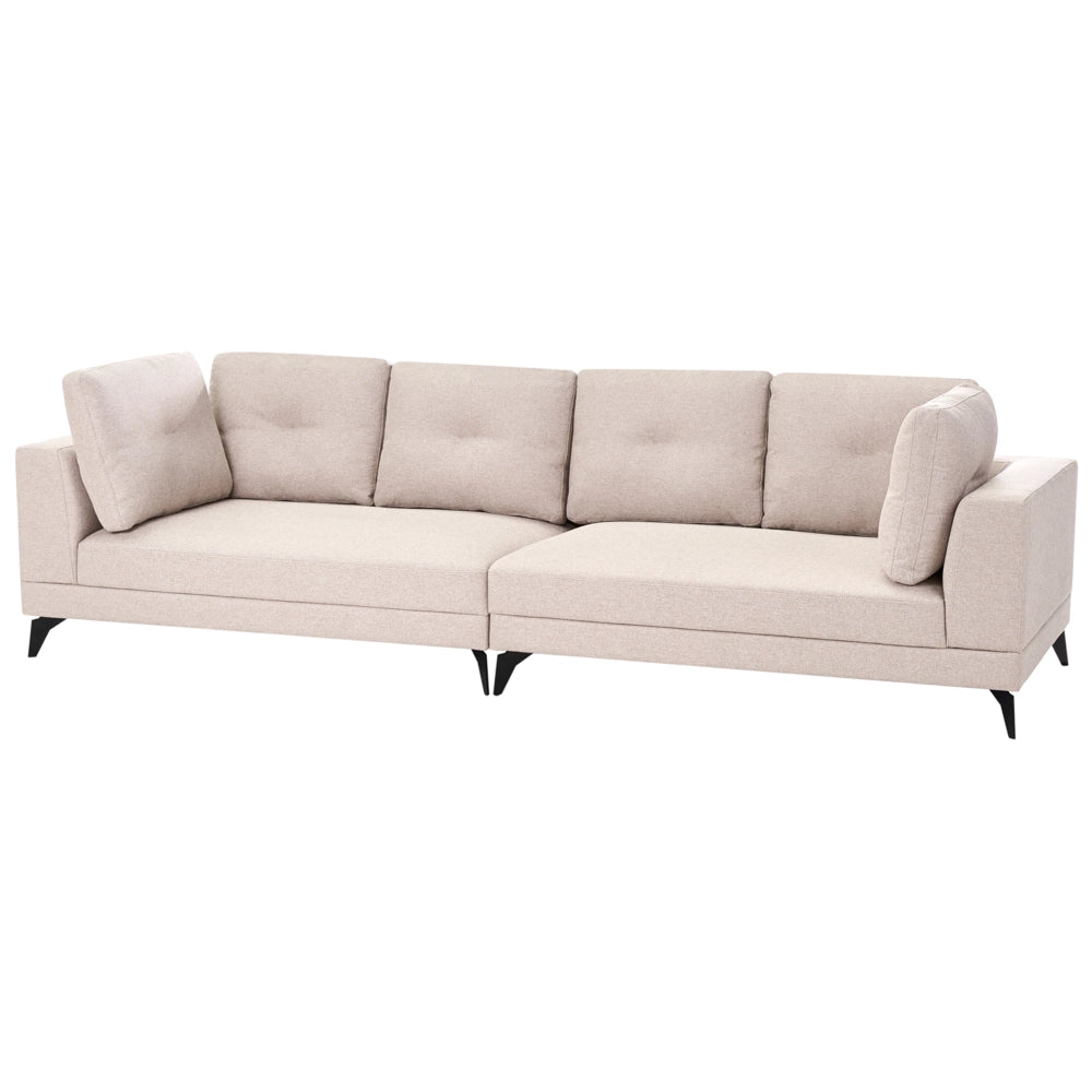 Divano 4 Posti Beige Chiaro con Rivestimento Idrorepellente Effetto Lino Gambe in Ferro Nero Stile Moderno con Cuscini