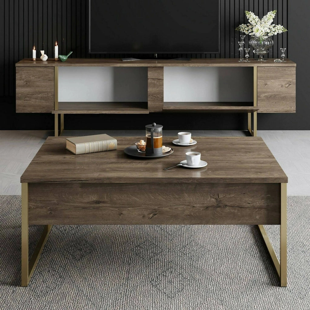 Mornasco, set Mobili da Soggiorno Modulabile, Marrone Noce