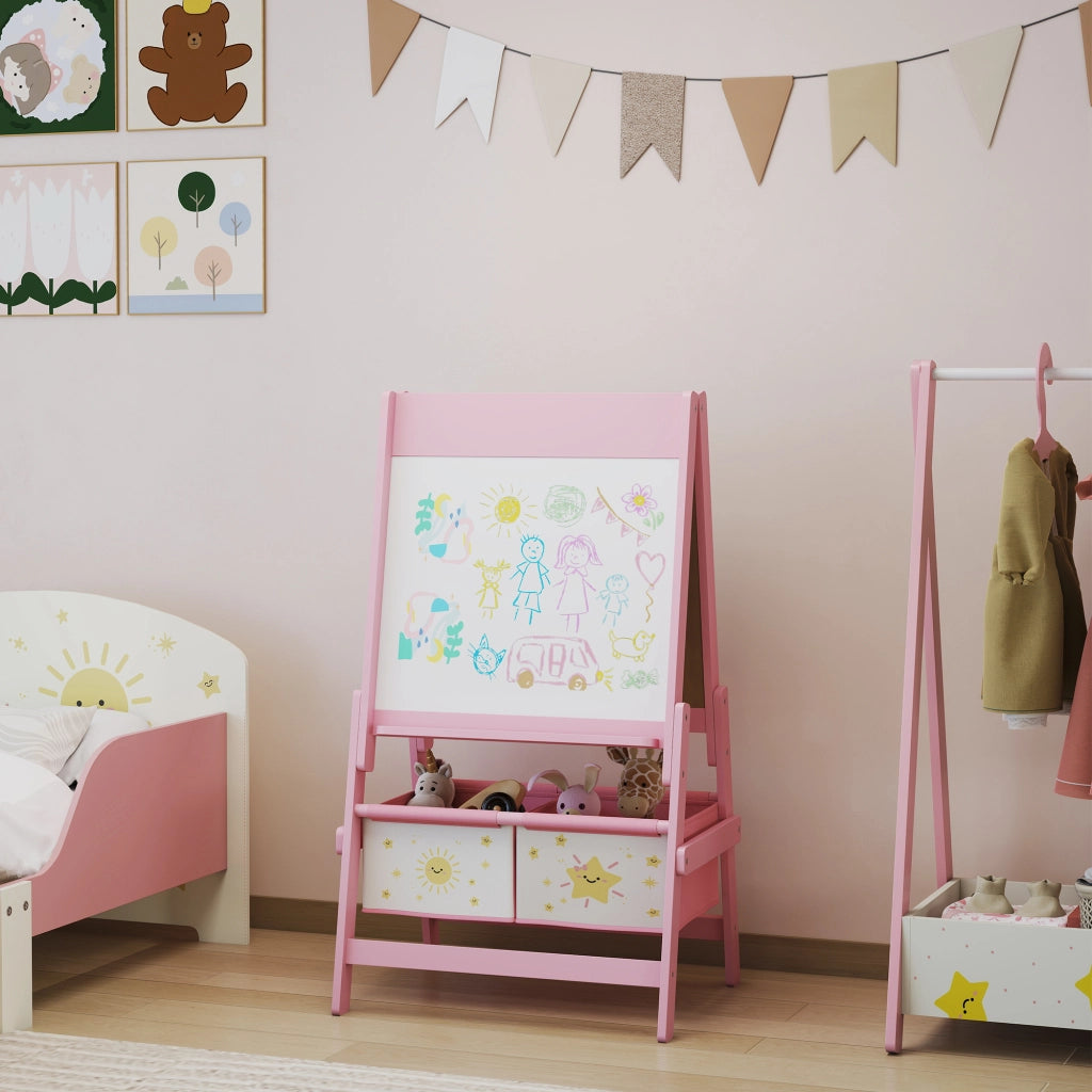 Lavagna per Bambini 3 in 1 con Cavalletto, Rotolo di Carta e 2 Cestelli, in Legno, 54x46x94 cm, Rosa