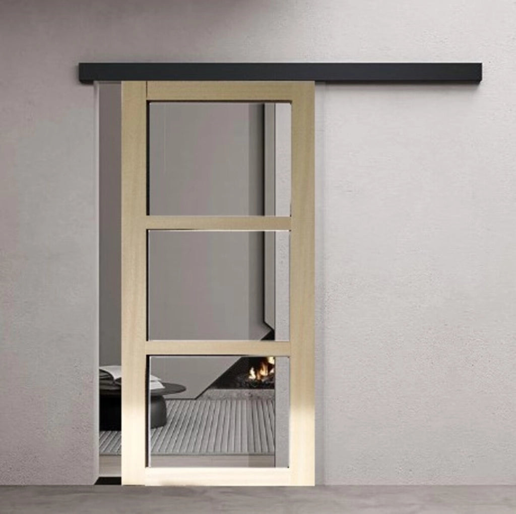 Porta scorrevole in legno Ayous Vetro trasparente H204 x L83 + Binario alluminio nero senza maniglia