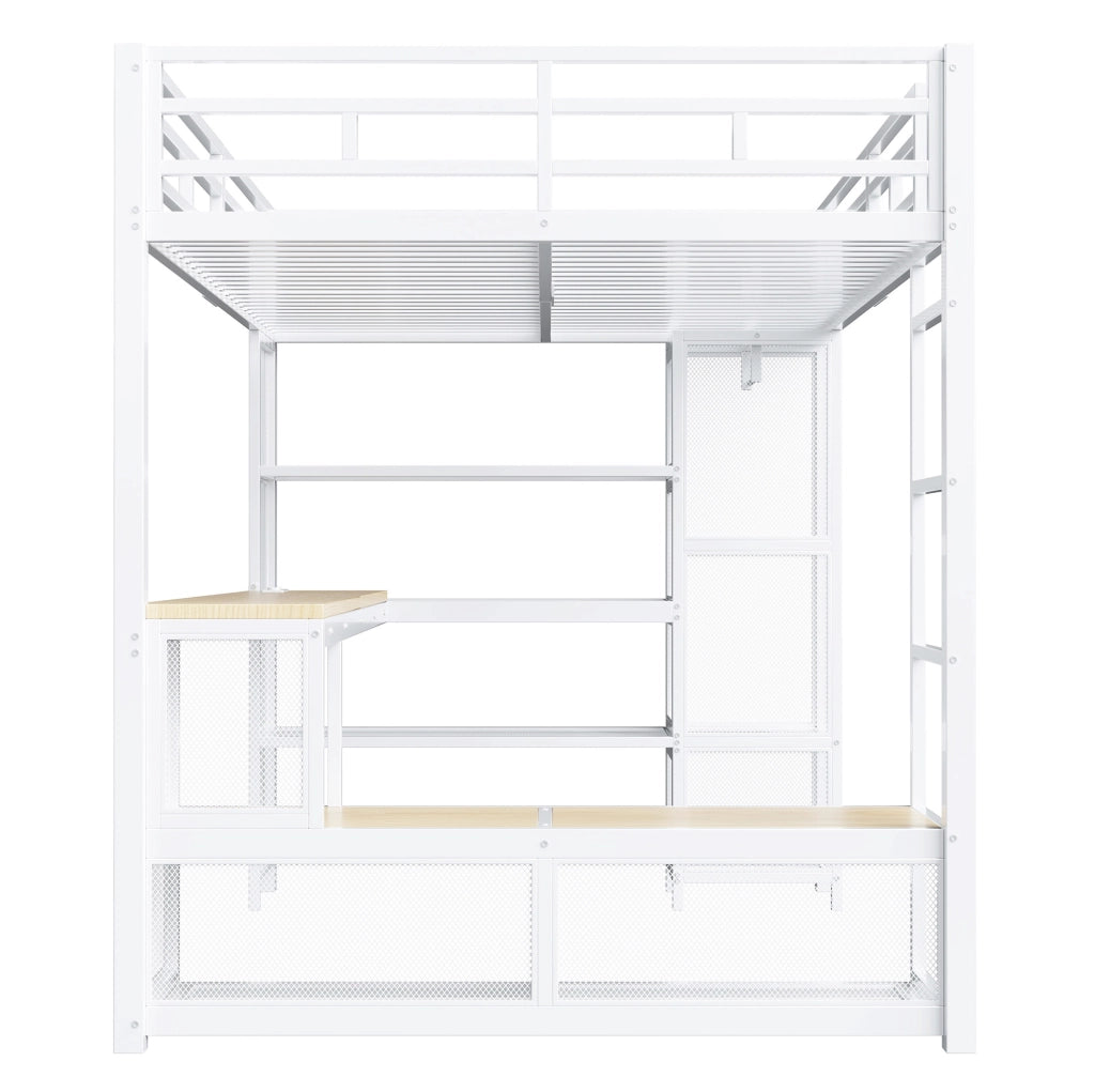 Letto a soppalco 140x200 cm con scrivania; armadio aperto e LED in metallo e MDF bianco