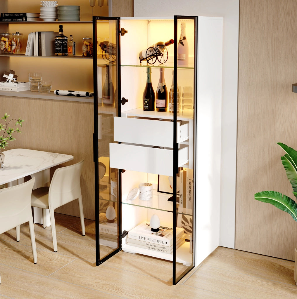 Vetrina da soggiorno 60x40x160 cm in MDF e vetro temperato; bianco; con LED e 2 cassetti