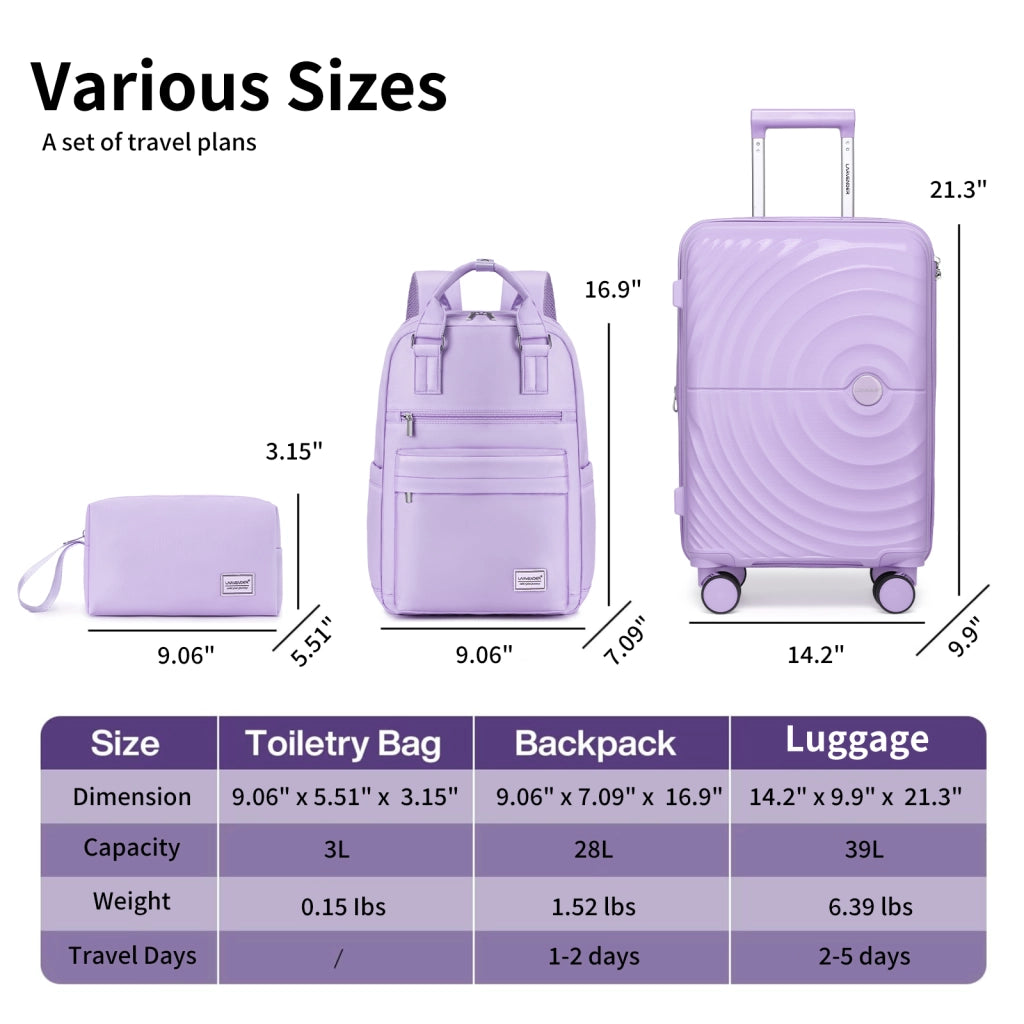 Set di valigie leggere da 3 pezzi, bagaglio a mano espandibile in PP da 20 pollici con ruote, colore lavanda.