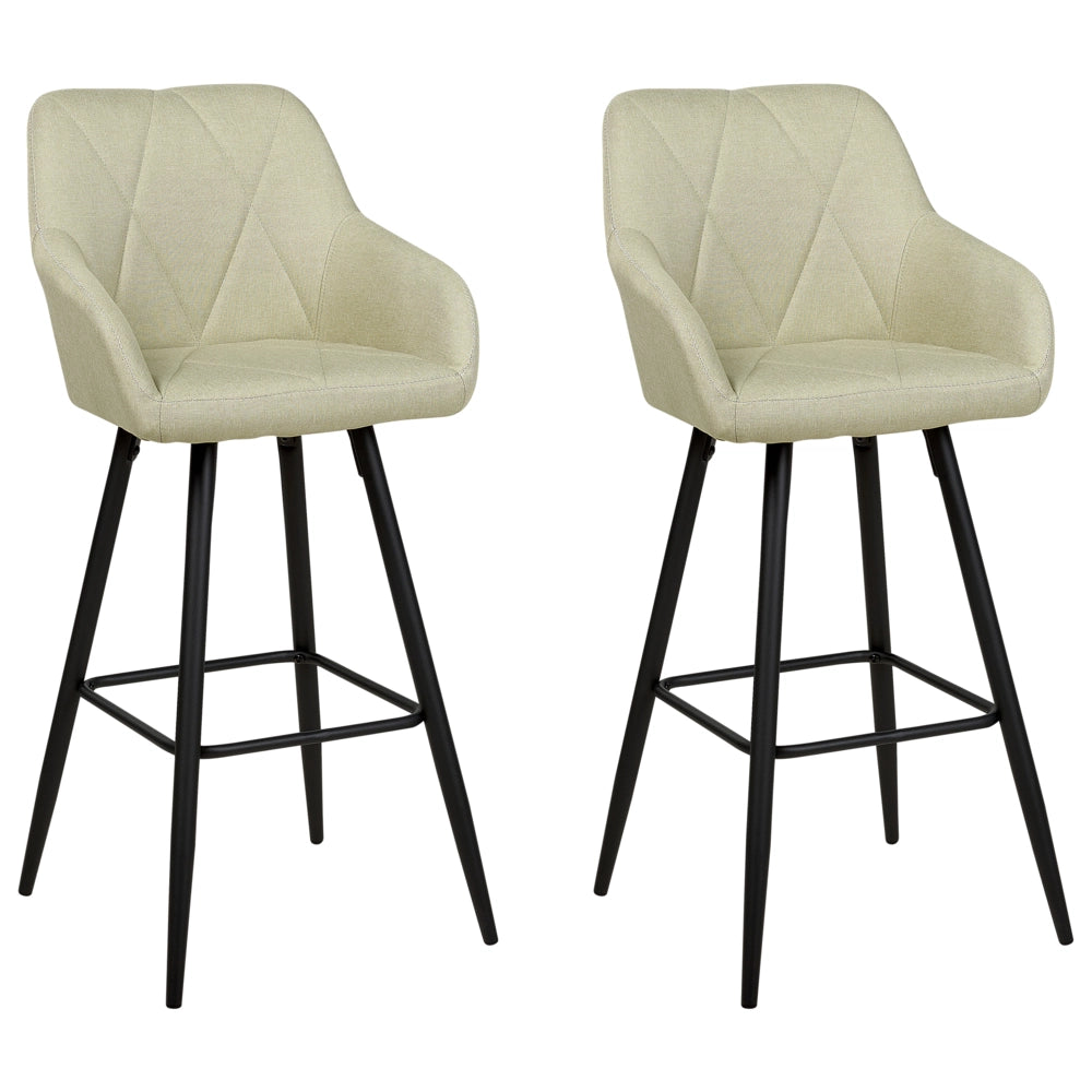 Set di 2 Sgabelli Bar Tessuto Verde Chiaro con Braccioli Schienale Trapuntato Gambe in Metallo Nero