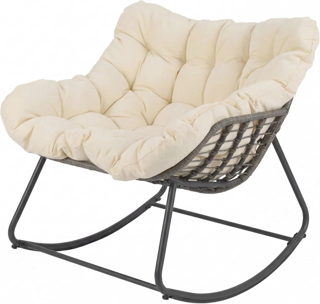 Sedia a Dondolo con Cuscino, Sedia da Relax Ampia e Avvolgente, con Struttura in Metallo, Seduta in Rattan, Cuscino Morbido Imbottito, per Soggiorno, Studio, Balcone, Nero (Beige)