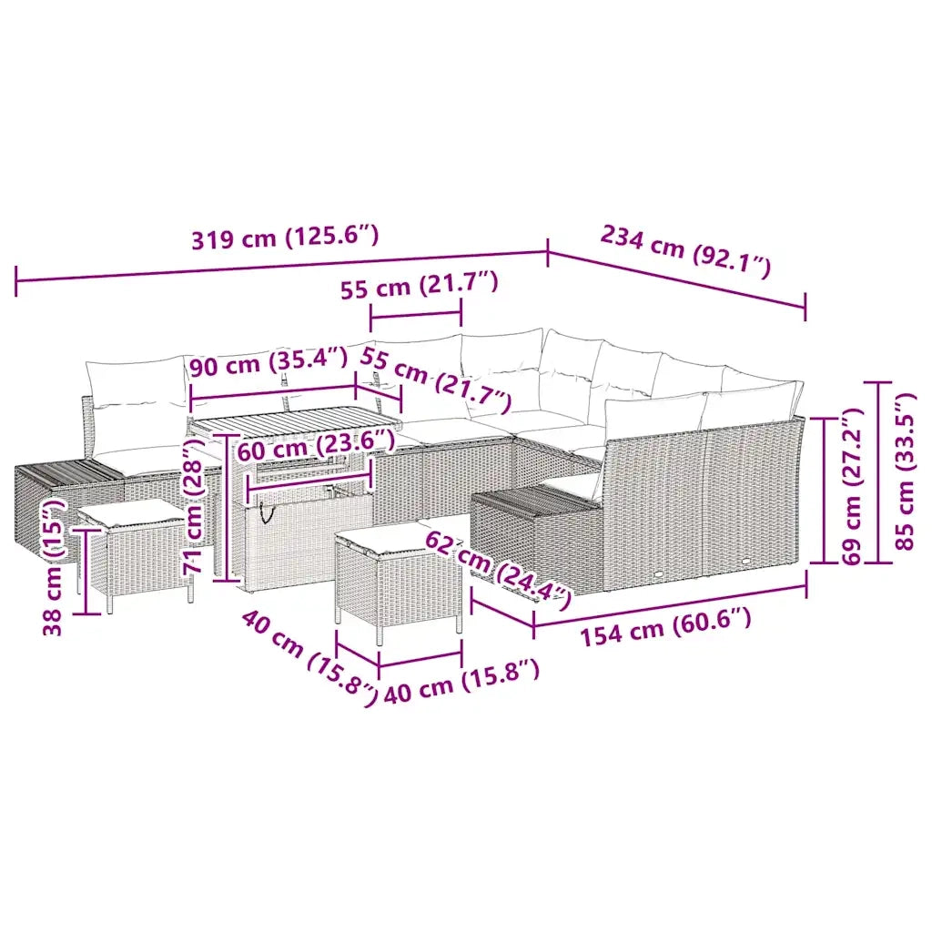 Set Divano da Giardino con cuscino 12 pcs Beige polyrattan 3362827