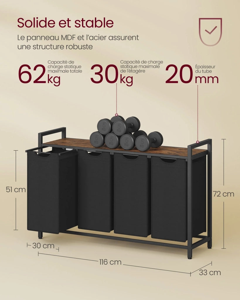Cesto portabiancheria con 3 scomparti e 1 ripiano portaoggetti rimovibile per sacchetti capacità 38 litri per sacchetto per bagno/lavanderia marrone rustico e nero 12_0006759