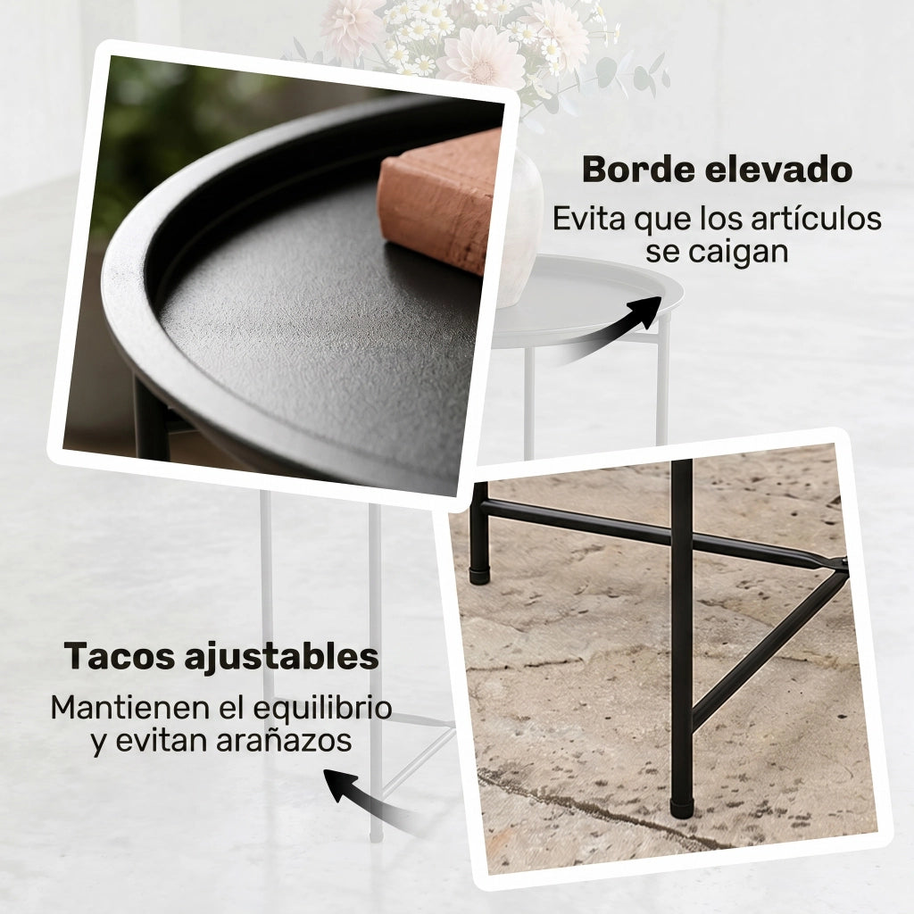 Tavolo da Giardino Rotondo con Vassoio Estraibile e Gambe Regolabili ¨C zephmum ¨C Nero Acciaio ?46x50 cm