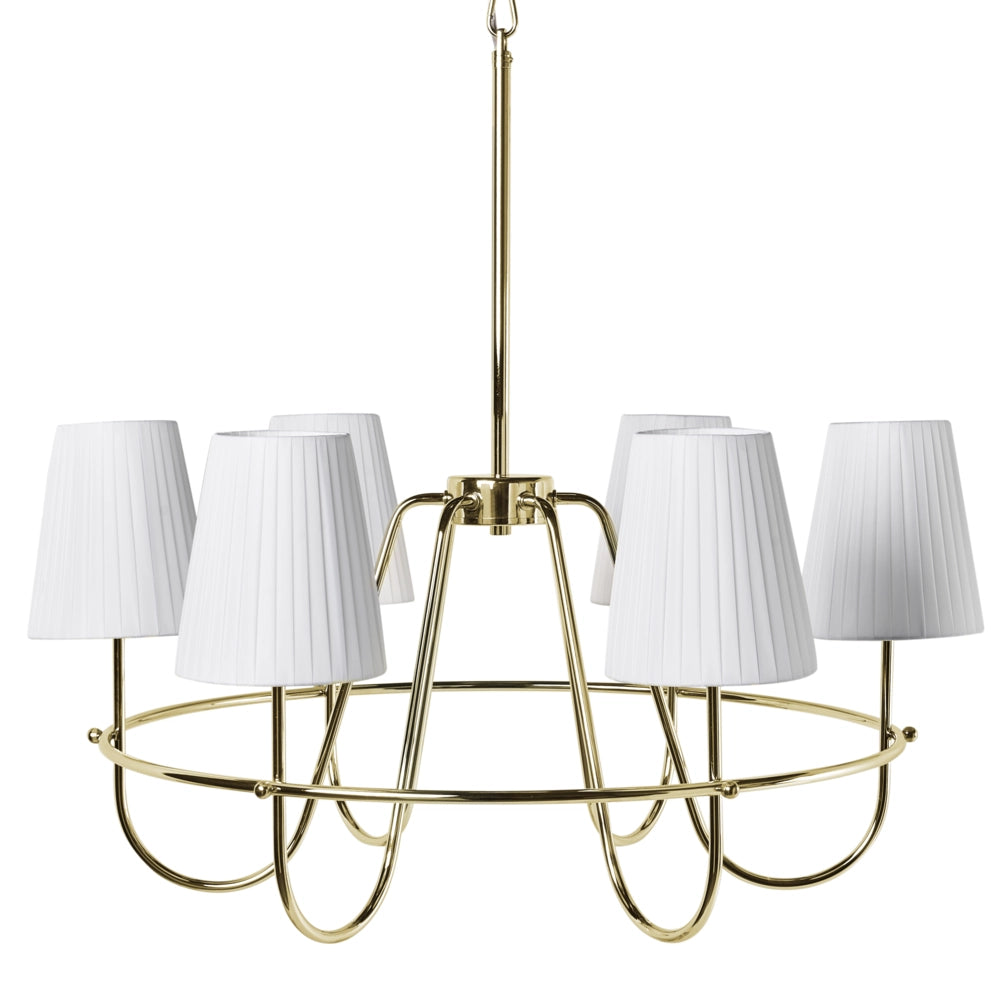 Lampadario a 6 luci in stile tradizionale per soggiorno e sala da pranzo con base in metallo e paralumi in tessuto oro