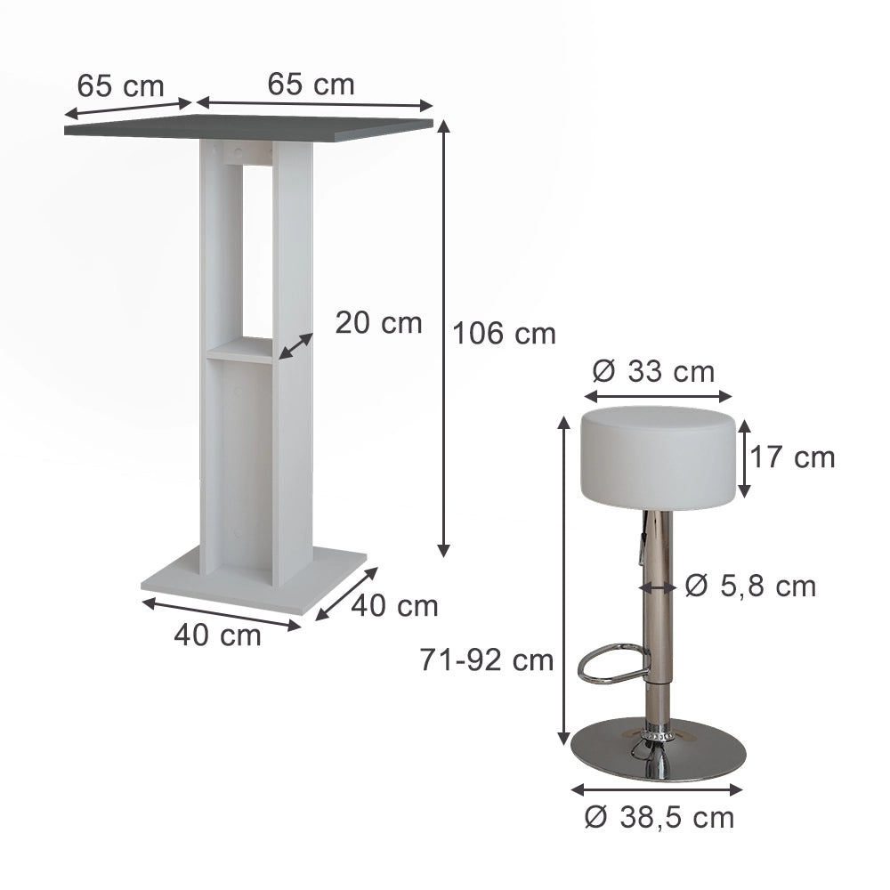 Vicco Set di tavoli da bar Bianco/antracite 65 x 65 cm con 2 sgabelli da bar