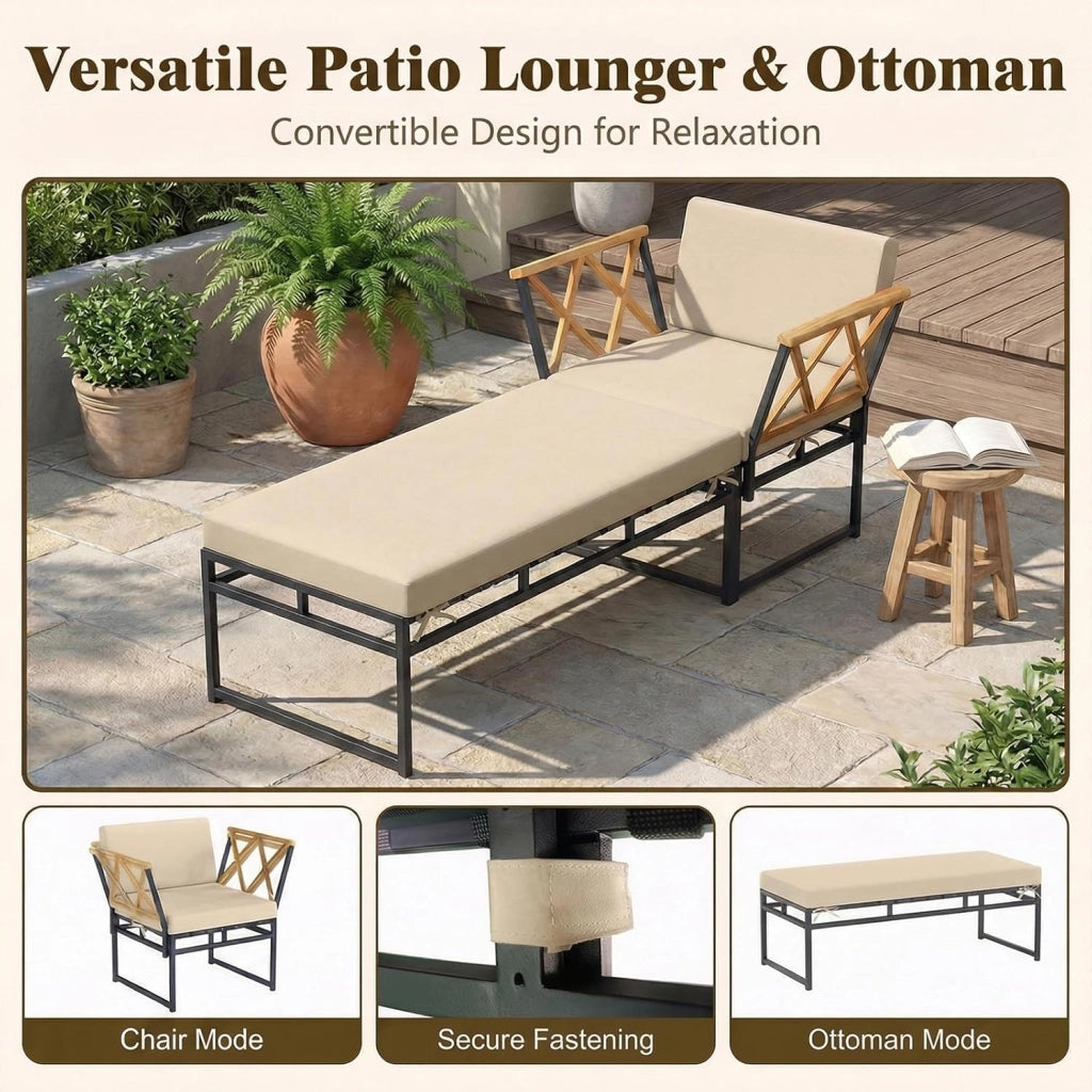 Set di 2 mobili da balcone, sdraio modulare con cuscino, poltrona e pouf, sdraio da giardino per 1-3 persone, per piscina, giardino, cortile, terrazza, 75 x 175 x 66 cm