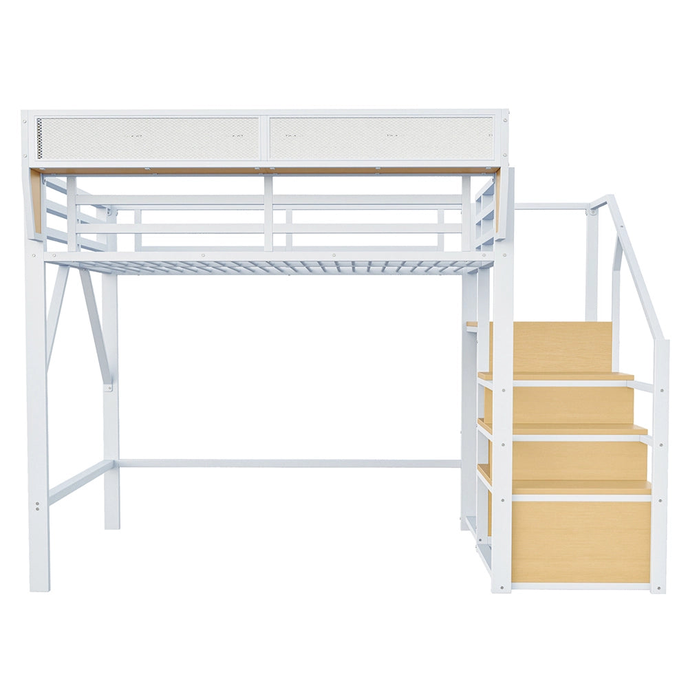 Letto a Soppalco 140x200 – Xylo – Metallo per Adulti/Bambini, Scala Sicurezza, Ripostiglio Flessibile, Bianco