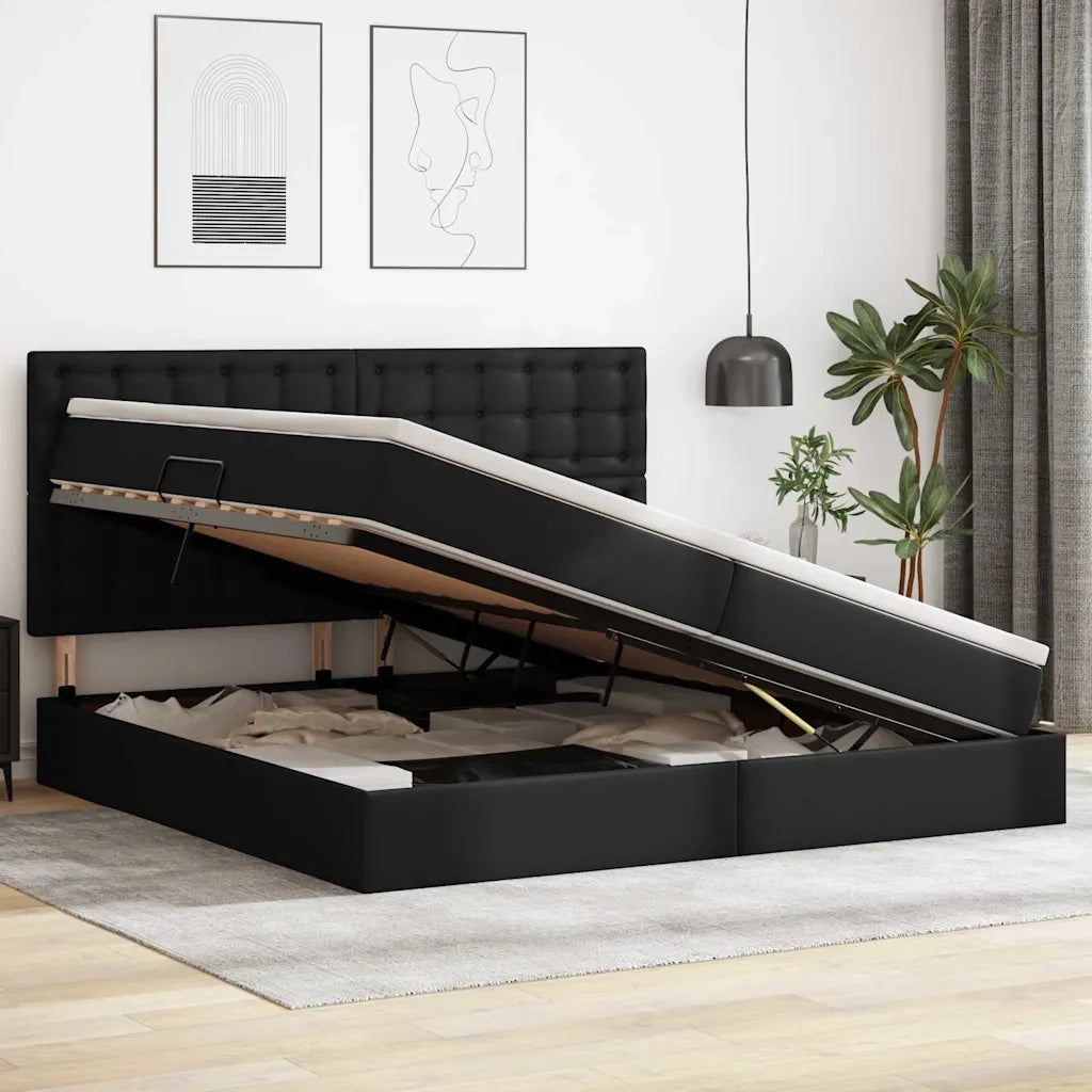 Letto con contenitore e LED Nero 200 x 200 cm Pelle Sintetica