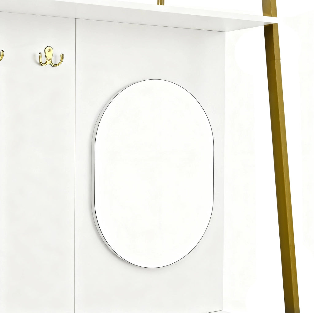 Guardaroba compatto da ingresso con specchio; ganci e panca; 2 ante; MDF bianco; 78 x 38;5 x 180;5 cm