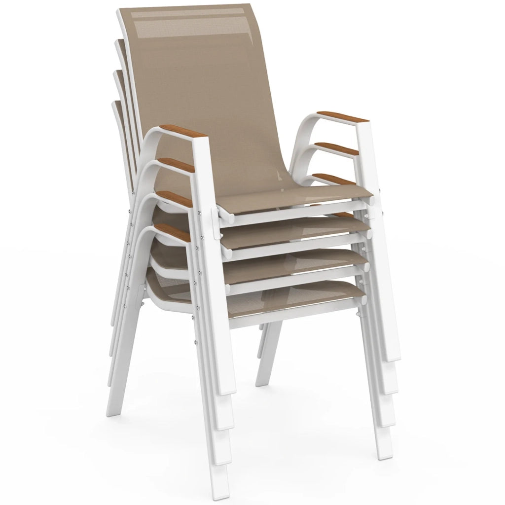 IDMarket - Set di 4 sedie da giardino impilabili NOUMEA in metallo e textilene, bianco e legno