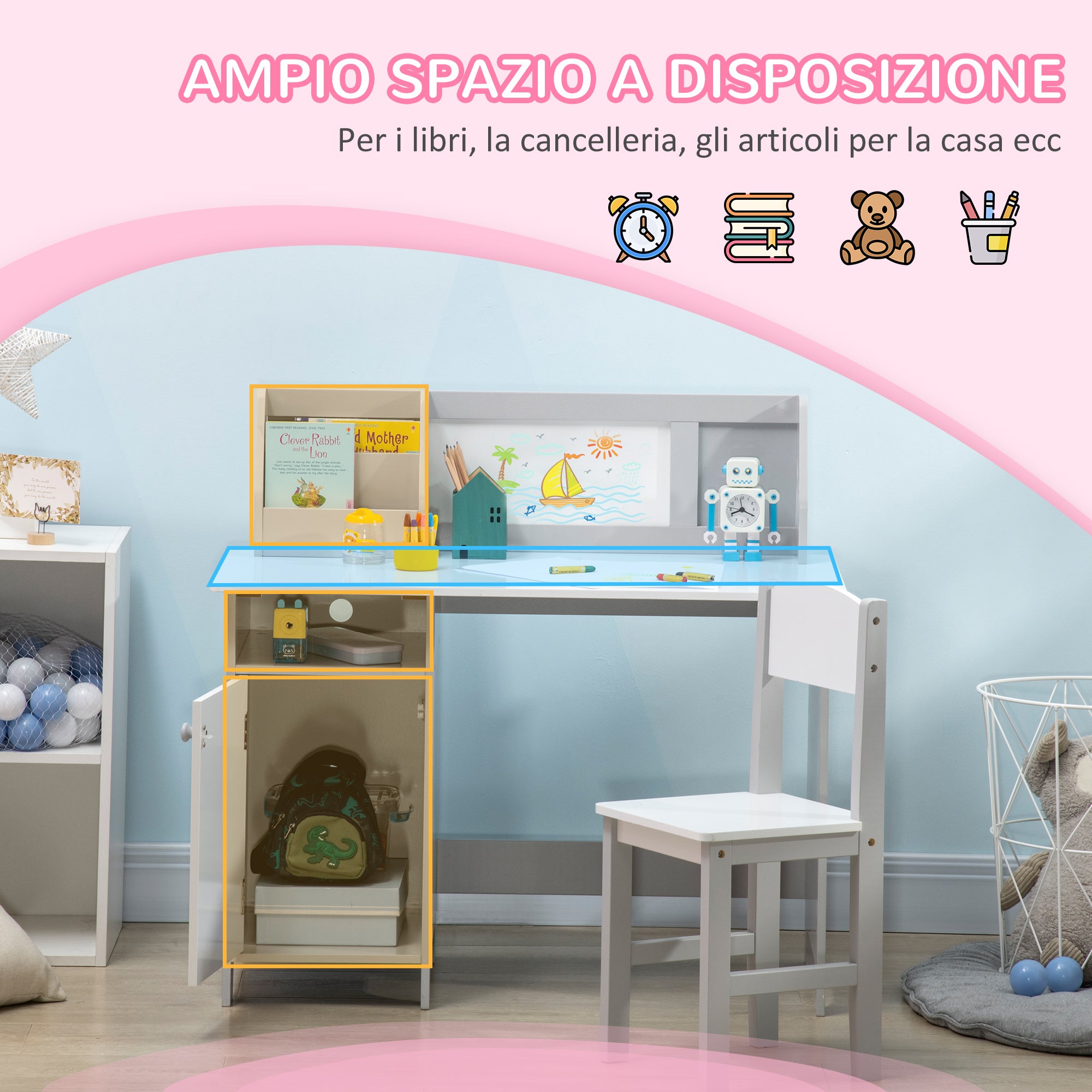 Set Tavolo e Sedie per Bambini 5+ Anni 90x45x 85 cm in Legno Bianco e Grigio