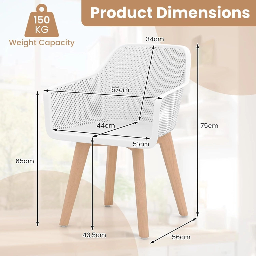 Set di 2 Sedie da Pranzo, Sedia da Cucina con Gambe in Legno, Seduta in PP, Schienale Curvo Ventilato, Braccioli, Poltrona moderna per Soggiorno, Bar e Cucina, Capacità 150 kg