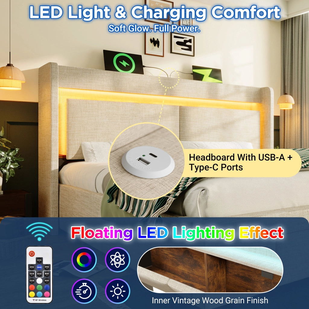 OKWISH Letto Contenitore 160×200 cm, Letto Matrimoniale con Contenitore Idraulico, LED Regolabile e USB e Tipo C, senza Materasso, in Lino, Beige