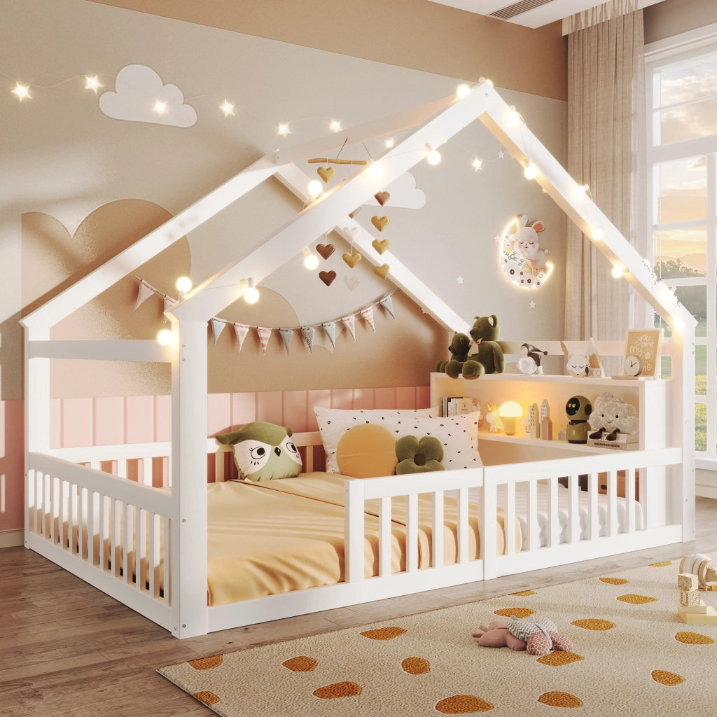 Letto per bambini 140×190 cm con sponde e ripiani laterali; senza materasso; legno; bianco