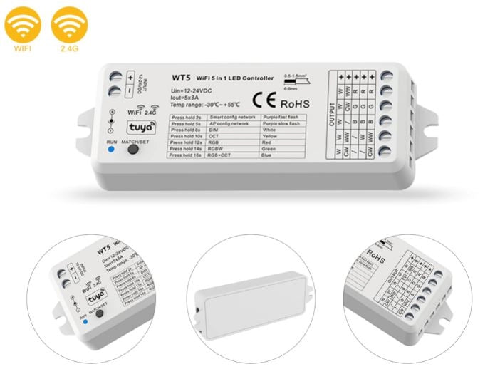 Centralina 5 Canali 12/24v RGB+CCT Dimmer 5 in 1 WIFI,RF,PUSH Gestibile da App Smartlife Tuya