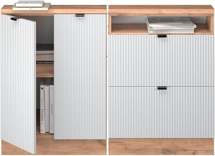Mobile cucina sottotetto R-Line, Ondulazione bianca, 120 cm Set di 2, adatto per pareti inclinate e montaggio cucina variabile