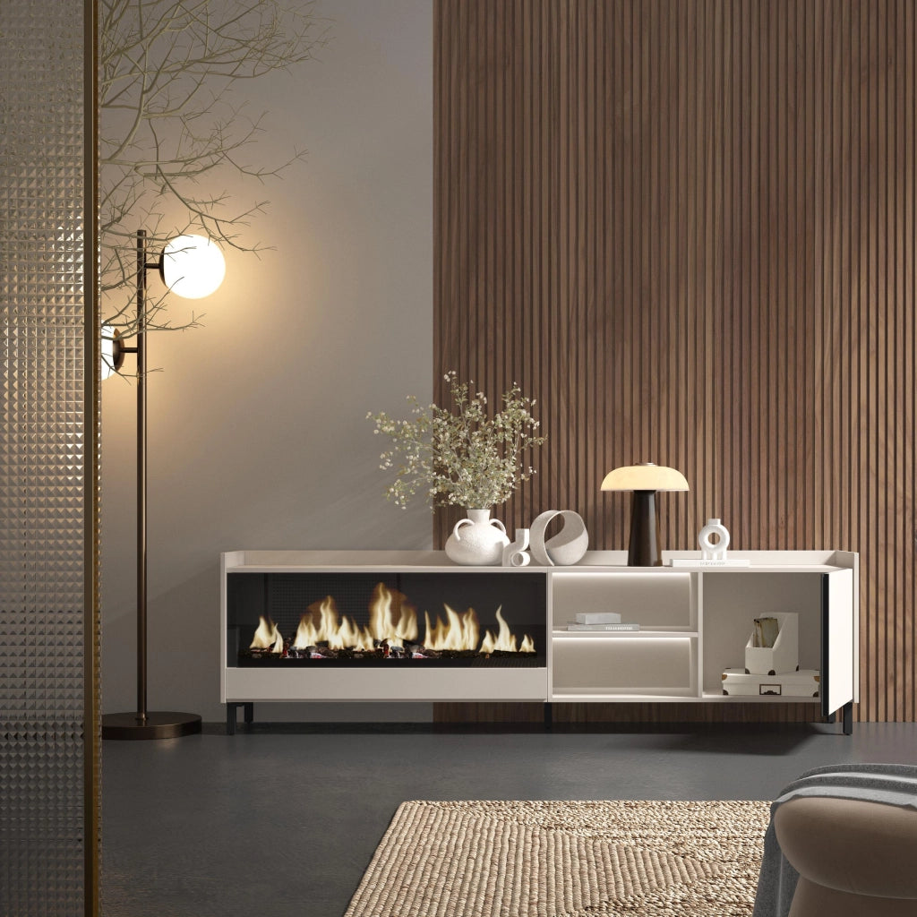 Mobile TV Soggiorno, 212x61x35 cm, Per TV fino a 80", Camino elettrico XXL, Design industriale, LED, Beige