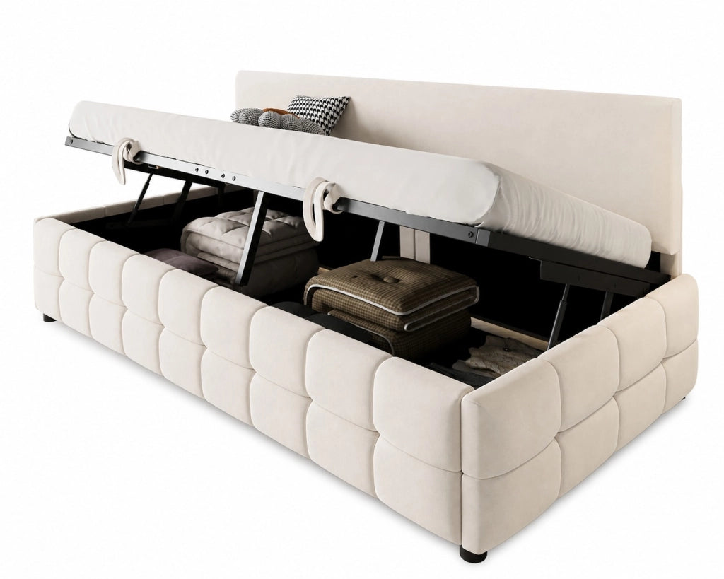 Letto imbottito singolo 90x200 cm con contenitore idraulico, schienale senza braccioli, velluto beige