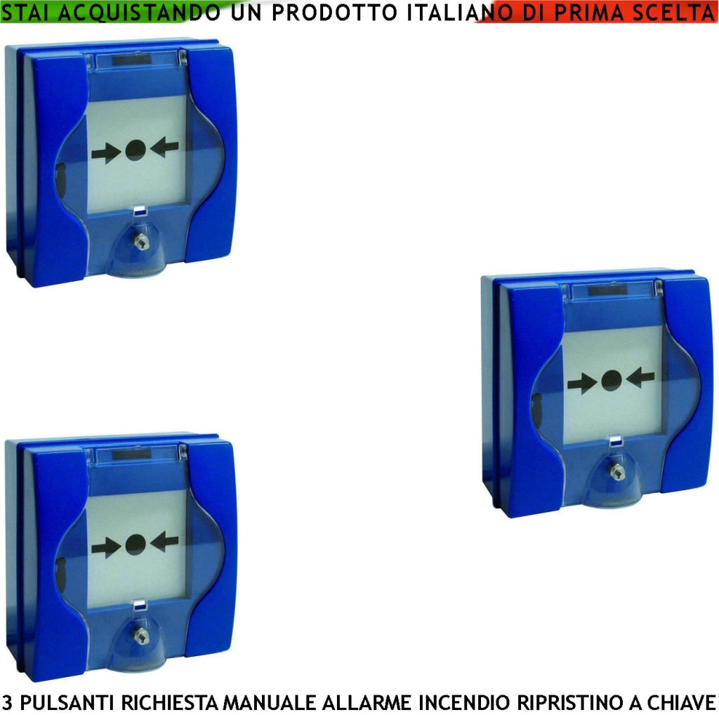 PULSANTI EMERGENZA ROTTURA VETRO BLU 3 PEZZI RICHIESTA INTERVENTO INCENDIO RIPRISTINO A CHIAVE SBLOCCA PORTE REI EN 54-11 CPD